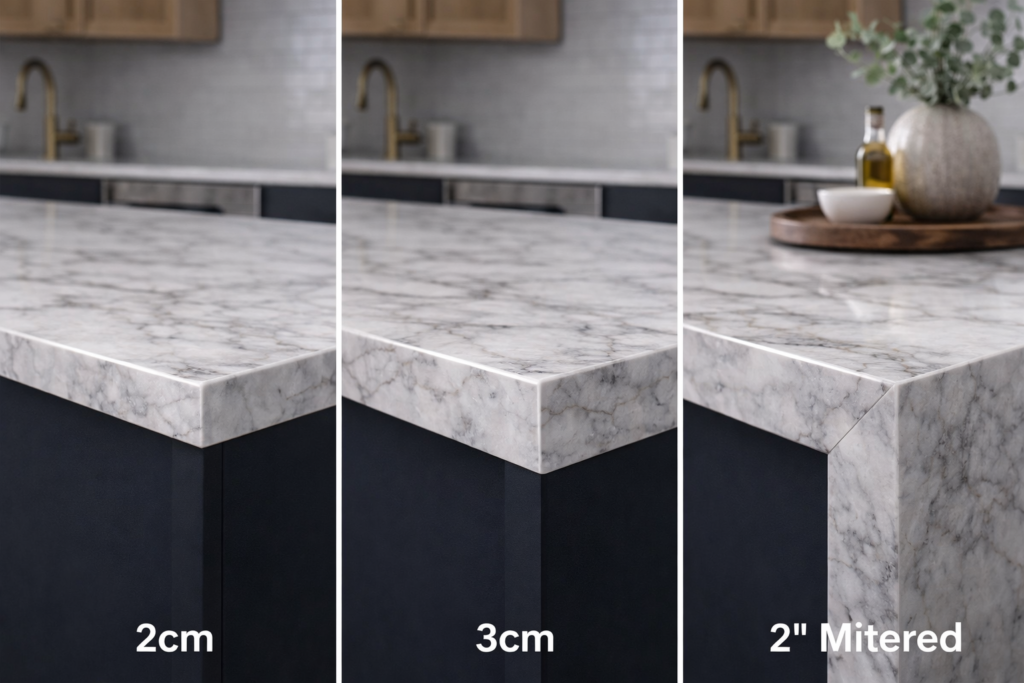 2cm vs 3cm vs 2 inch mitered quartz countertop edge comparison in Pompano Beach kitchen