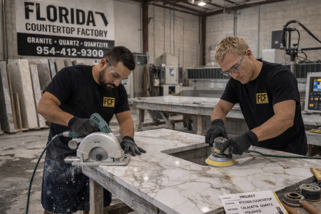 Countertop fabrication shop in Pompano Beach cutting quartz slabs