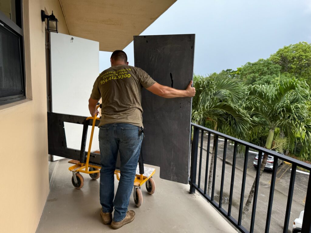 Countertop slab delivery and installation process in Pompano Beach Florida residential project.