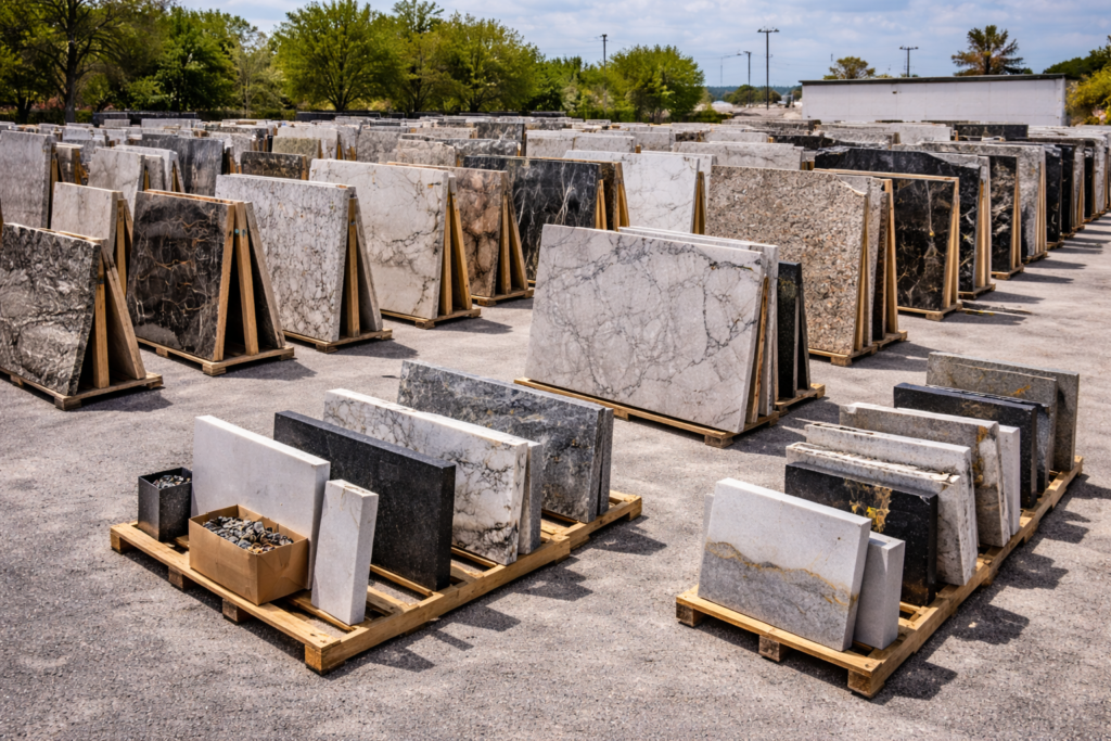 Stone remnants yard with quartz granite and quartzite slabs for small countertop projects in Pompano Beach